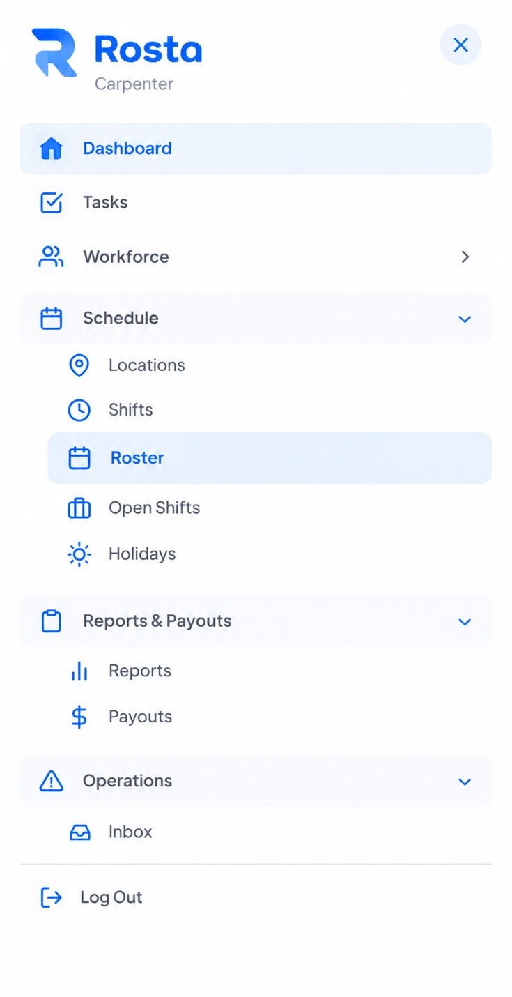 Admin menu: dashboard, tasks, workforce, schedule, reports and payouts, inbox