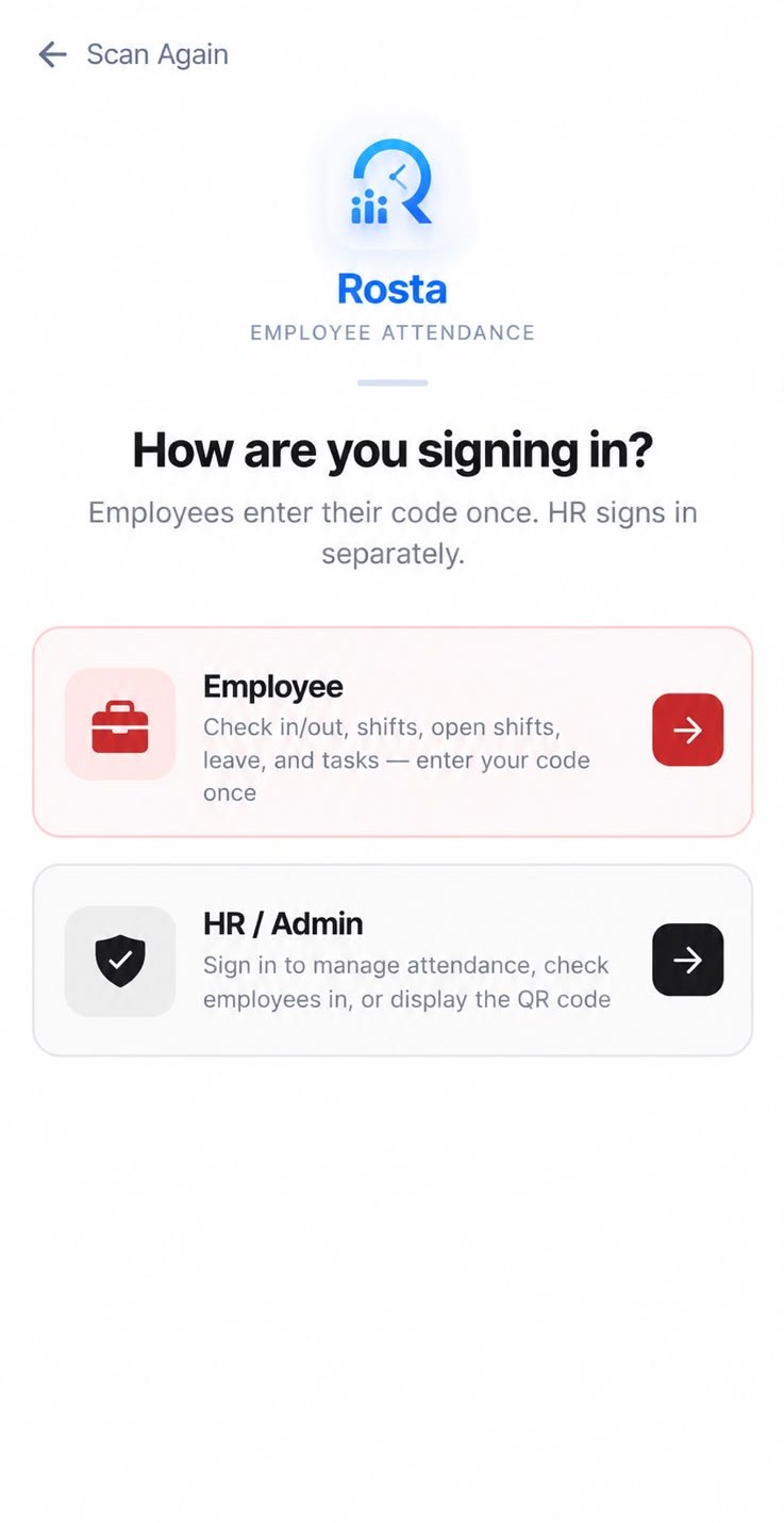 Rosta sign-in screen for employees and HR, shown in a company's own brand colours