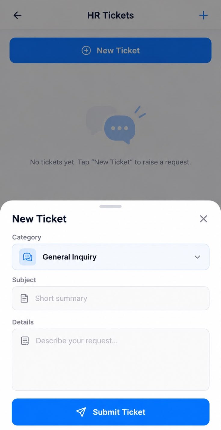 New HR ticket form with category, subject and details