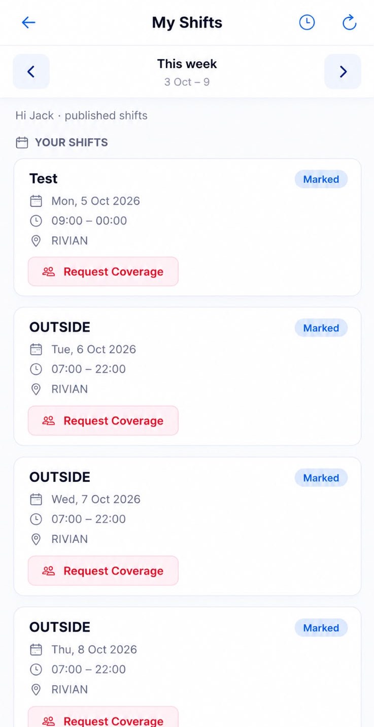 My Shifts for this week, each with a Request Coverage button