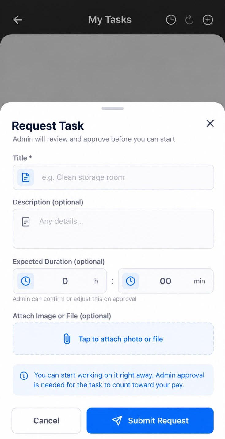 Request Task form with title, expected duration and attachment