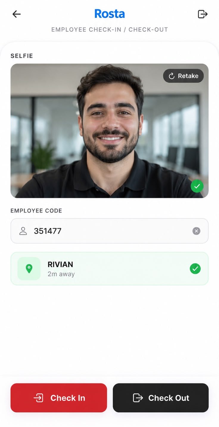 Check-in screen with a selfie, employee code and location verified